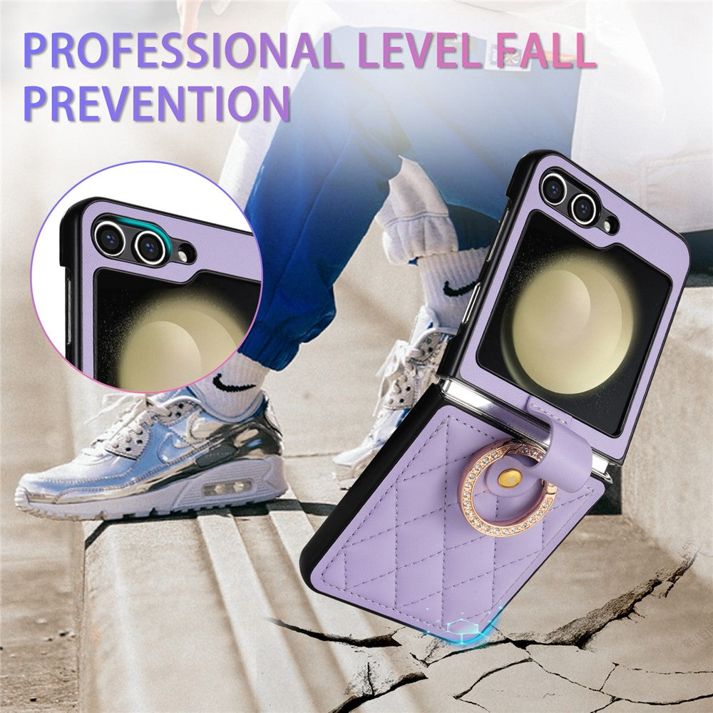 CSJ-P2 For Samsung Galaxy Z Flip7 FE 5G / Z Flip6 5G / Z Flip5 5G Case Stitching Leather Phone Cover Ring Kickstand - Light Purple
