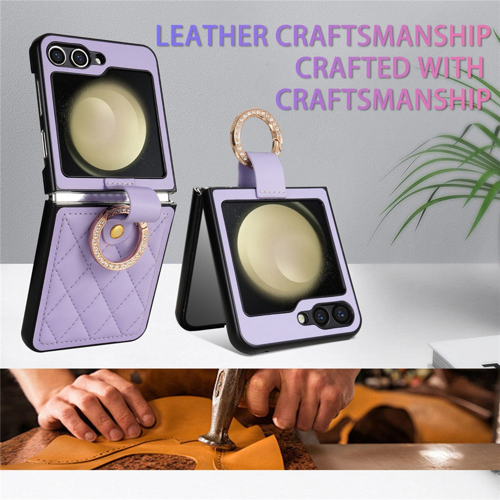 CSJ-P2 For Samsung Galaxy Z Flip7 FE 5G / Z Flip6 5G / Z Flip5 5G Case Stitching Leather Phone Cover Ring Kickstand - Light Purple