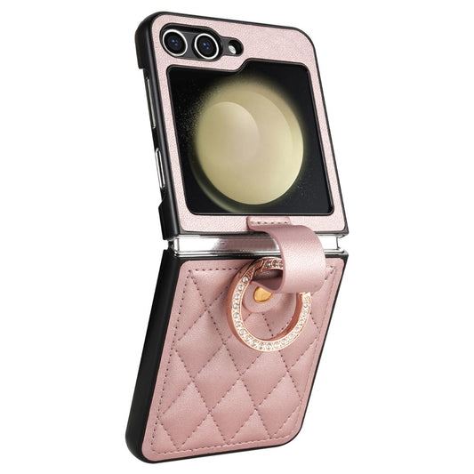 CSJ-P2 For Samsung Galaxy Z Flip7 FE 5G / Z Flip6 5G / Z Flip5 5G Case Stitching Leather Phone Cover Ring Kickstand - Rose Gold
