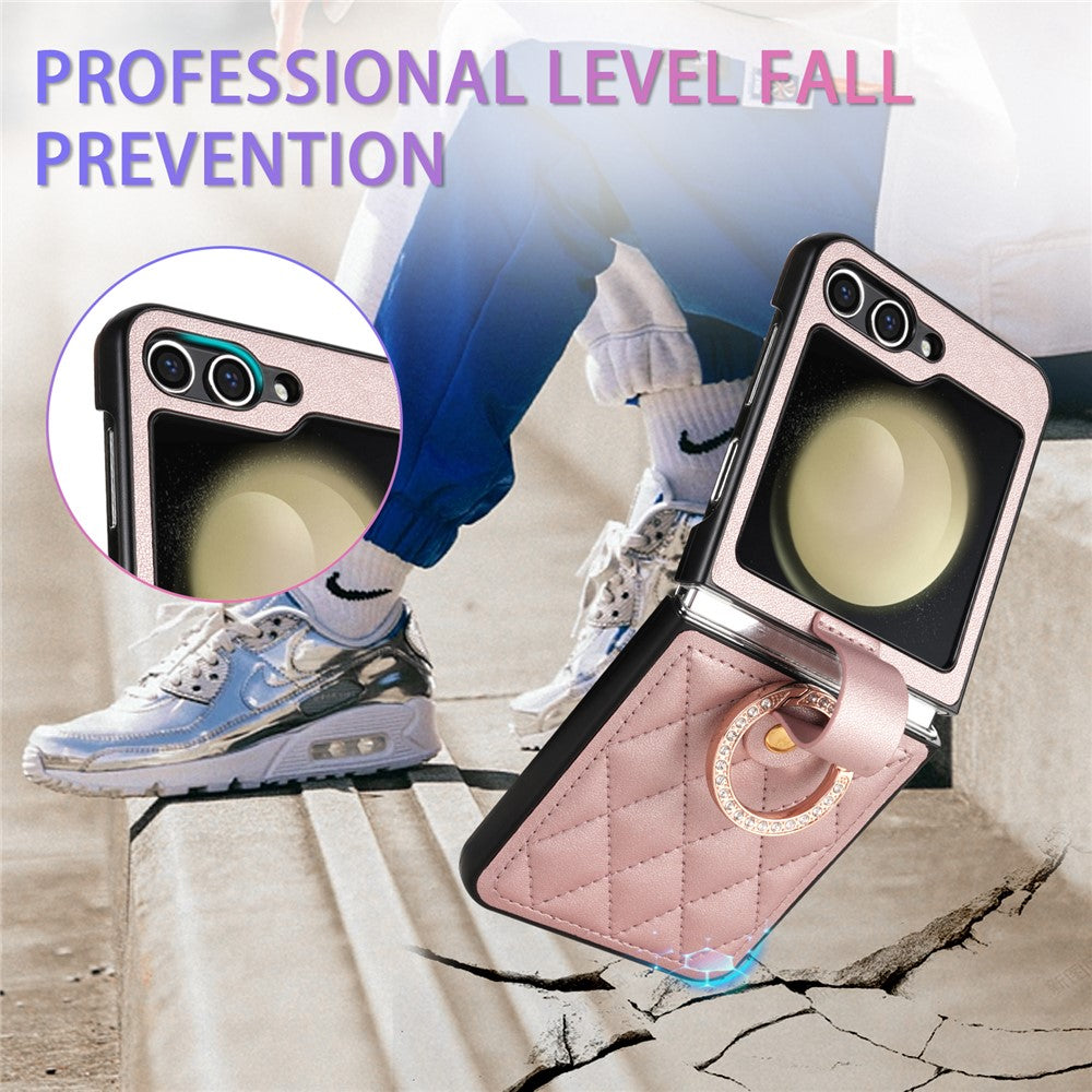 CSJ-P2 For Samsung Galaxy Z Flip7 FE 5G / Z Flip6 5G / Z Flip5 5G Case Stitching Leather Phone Cover Ring Kickstand - Rose Gold