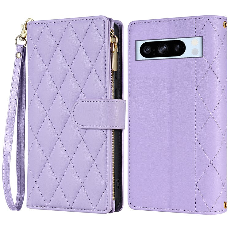 CSJ-P2 For Google Pixel 8 Pro Case Rhombus Stitching Design Leather Wallet Phone Cover with Long / Short Strap - Light Purple