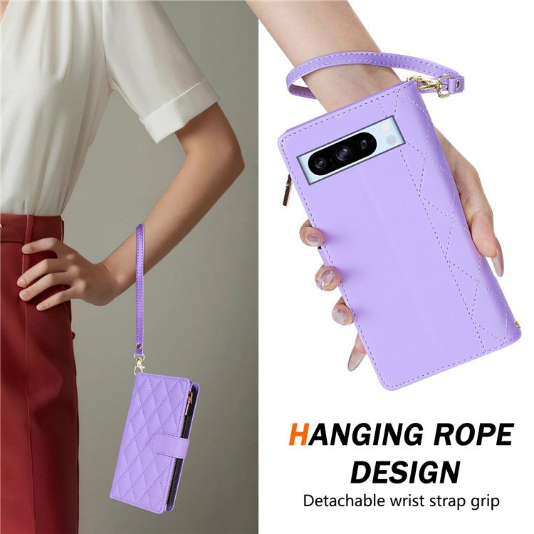 CSJ-P2 For Google Pixel 8 Pro Case Rhombus Stitching Design Leather Wallet Phone Cover with Long / Short Strap - Light Purple