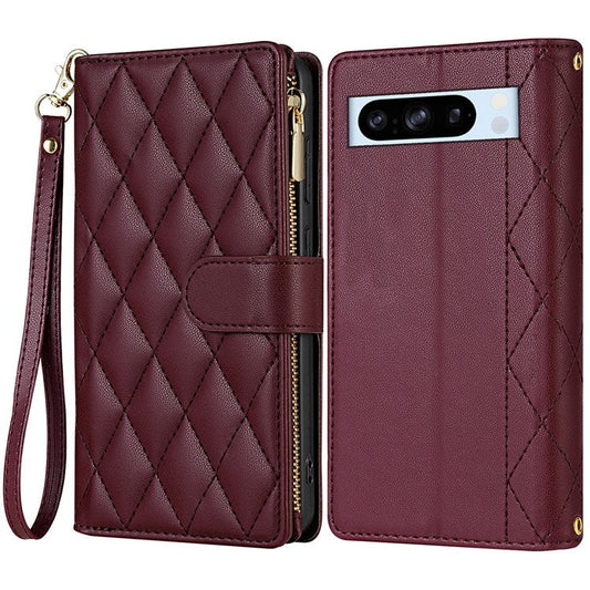 CSJ-P2 For Google Pixel 8 Pro Case Rhombus Stitching Design Leather Wallet Phone Cover with Long / Short Strap - Wine Red
