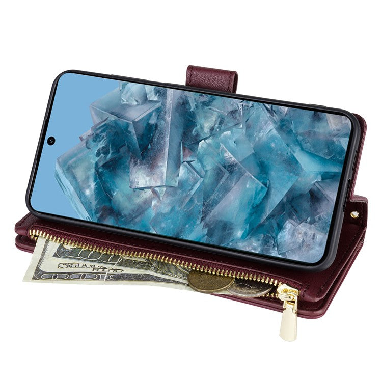 CSJ-P2 For Google Pixel 8 Pro Case Rhombus Stitching Design Leather Wallet Phone Cover with Long / Short Strap - Wine Red