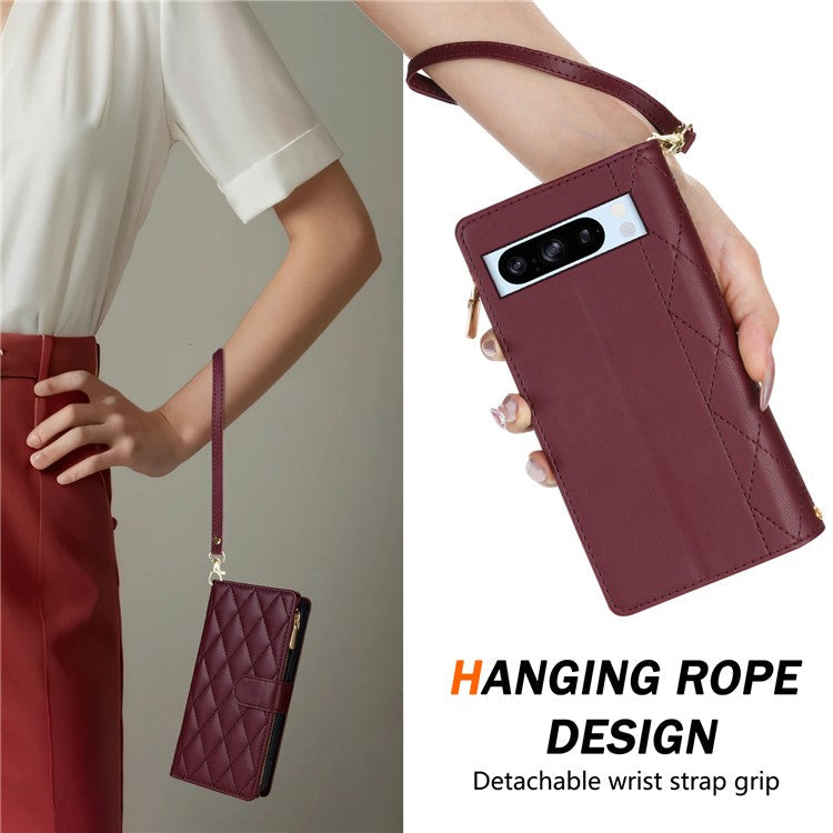 CSJ-P2 For Google Pixel 8 Pro Case Rhombus Stitching Design Leather Wallet Phone Cover with Long / Short Strap - Wine Red