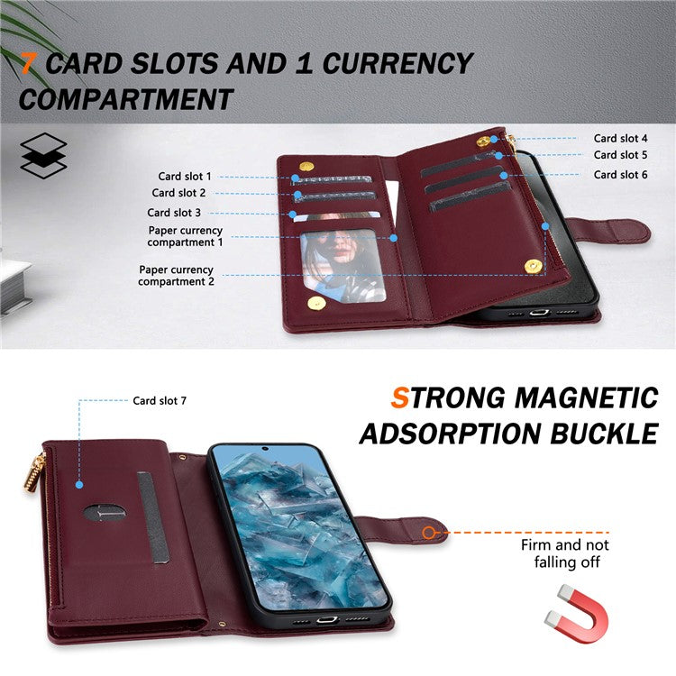 CSJ-P2 For Google Pixel 8 Pro Case Rhombus Stitching Design Leather Wallet Phone Cover with Long / Short Strap - Wine Red