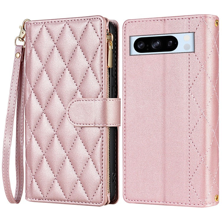 CSJ-P2 For Google Pixel 8 Pro Case Rhombus Stitching Design Leather Wallet Phone Cover with Long / Short Strap - Rose Gold