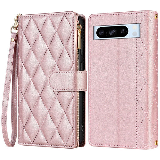 CSJ-P2 For Google Pixel 8 Pro Case Rhombus Stitching Design Leather Wallet Phone Cover with Long / Short Strap - Rose Gold