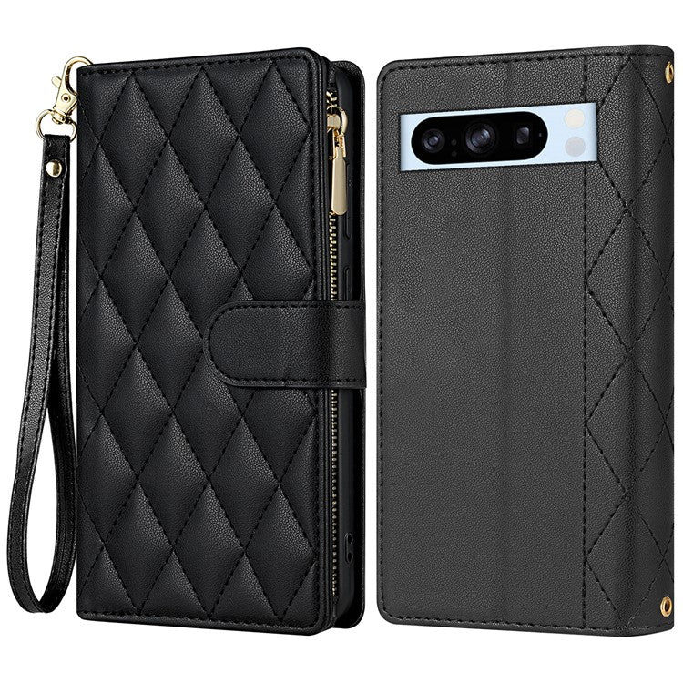 CSJ-P2 For Google Pixel 8 Pro Case Rhombus Stitching Design Leather Wallet Phone Cover with Long / Short Strap - Black