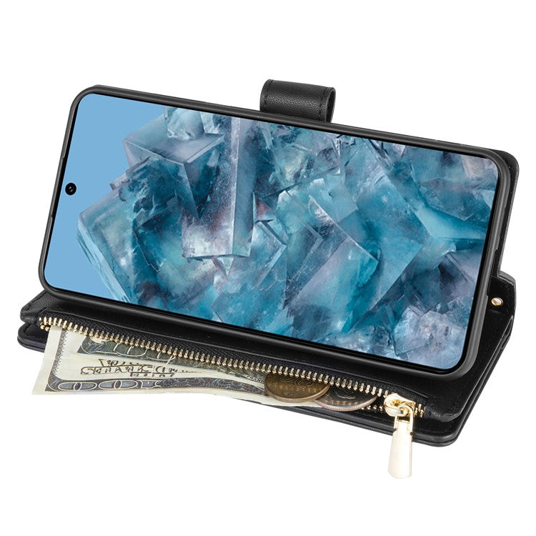 CSJ-P2 For Google Pixel 8 Pro Case Rhombus Stitching Design Leather Wallet Phone Cover with Long / Short Strap - Black