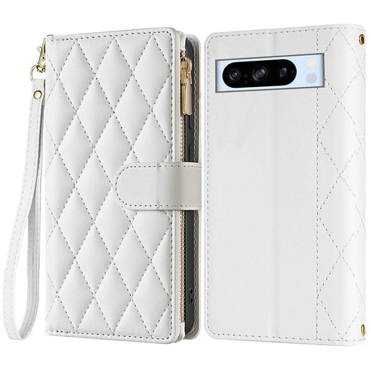 CSJ-P2 For Google Pixel 8 Pro Case Rhombus Stitching Design Leather Wallet Phone Cover with Long / Short Strap - White