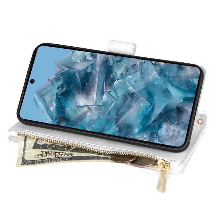 CSJ-P2 For Google Pixel 8 Pro Case Rhombus Stitching Design Leather Wallet Phone Cover with Long / Short Strap - White