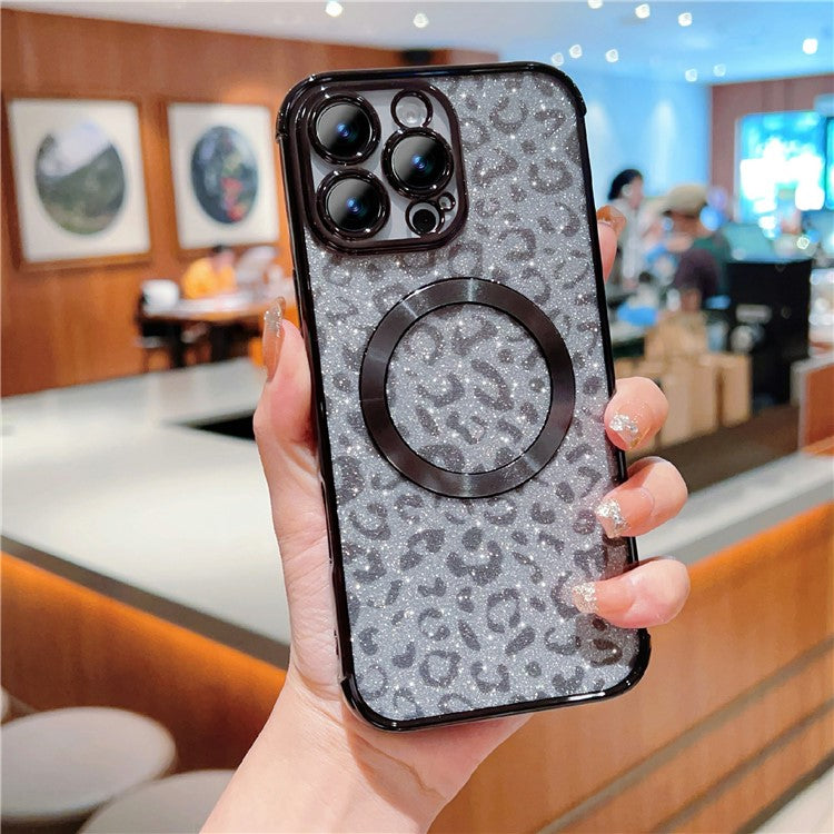 For iPhone 16 Pro Case Compatible with MagSafe Sparkly Leopard Print Clear TPU Phone Cover - Black