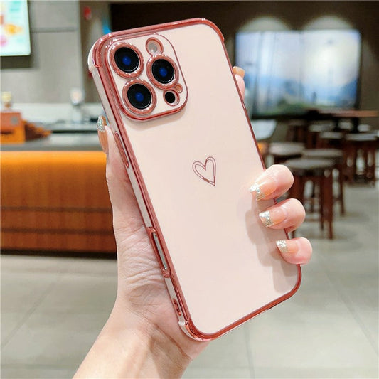For iPhone 16 Pro Case Electroplating Soft TPU Phone Cover Hollow Love Heart - Pink