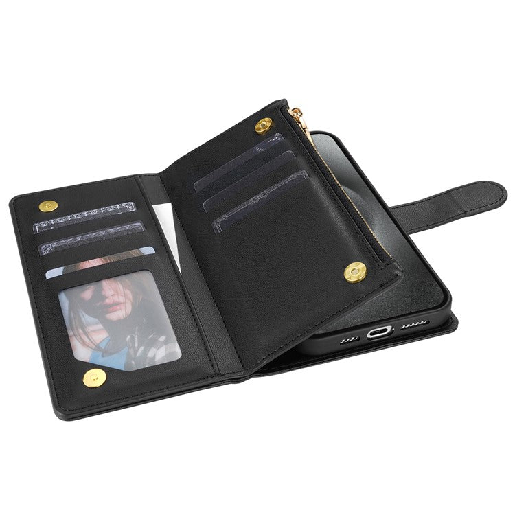 CSJ-P2 For iPhone 16 Pro Wallet Case Stitching Leather Phone Cover with Straps - Black