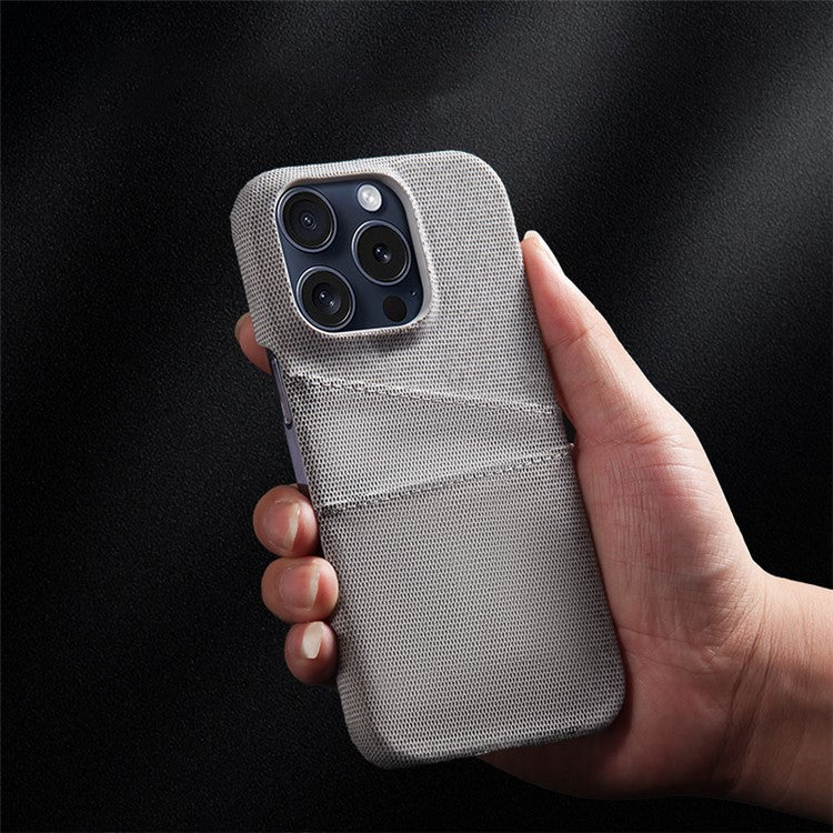 For iPhone 16 Pro Case Dual Card Slots Cloth Texture Hard PC Phone Cover - Brown