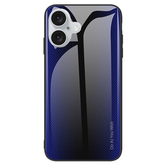 For iPhone 16 Plus Case Carbon Fiber Texture Tempered Glass+TPU Phone Cover - Dark Blue