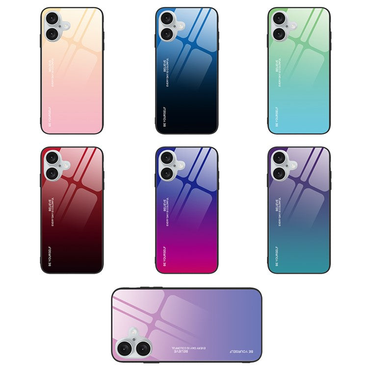 For iPhone 16 Plus Case Gradient Color Tempered Glass+TPU Phone Shell - Blue / Black