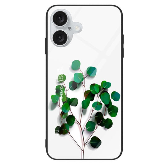 For iPhone 16 Plus Case Tempered Glass+PC+TPU Phone Cover - Green Leaves