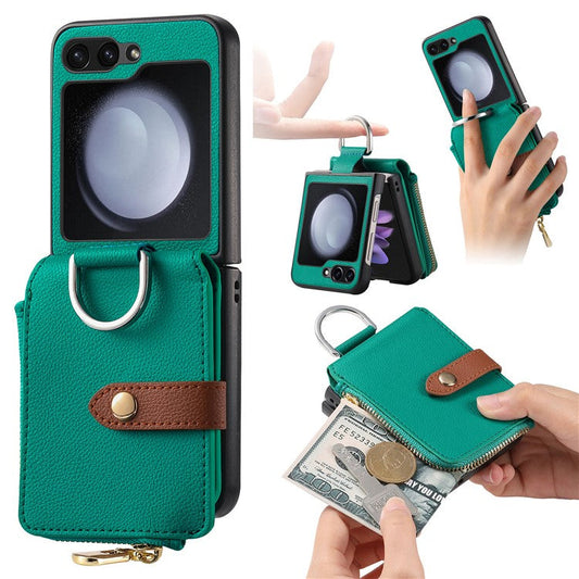 For Samsung Galaxy Z Flip6 5G Case Zipper Pocket Leather+PC Phone Cover with Ring Holder - Green
