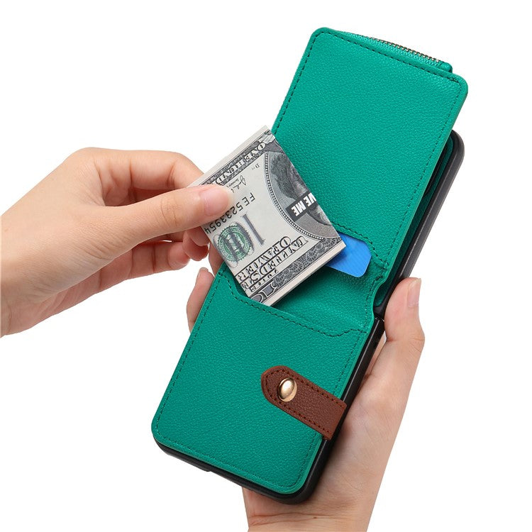 For Samsung Galaxy Z Flip6 5G Case Zipper Pocket Leather+PC Phone Cover with Ring Holder - Green