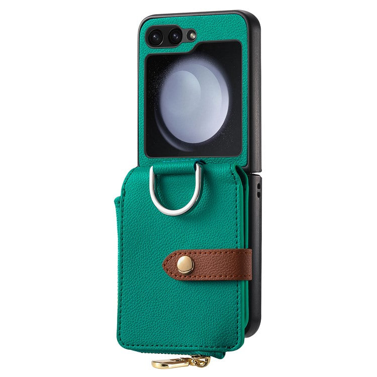 For Samsung Galaxy Z Flip6 5G Case Zipper Pocket Leather+PC Phone Cover with Ring Holder - Green