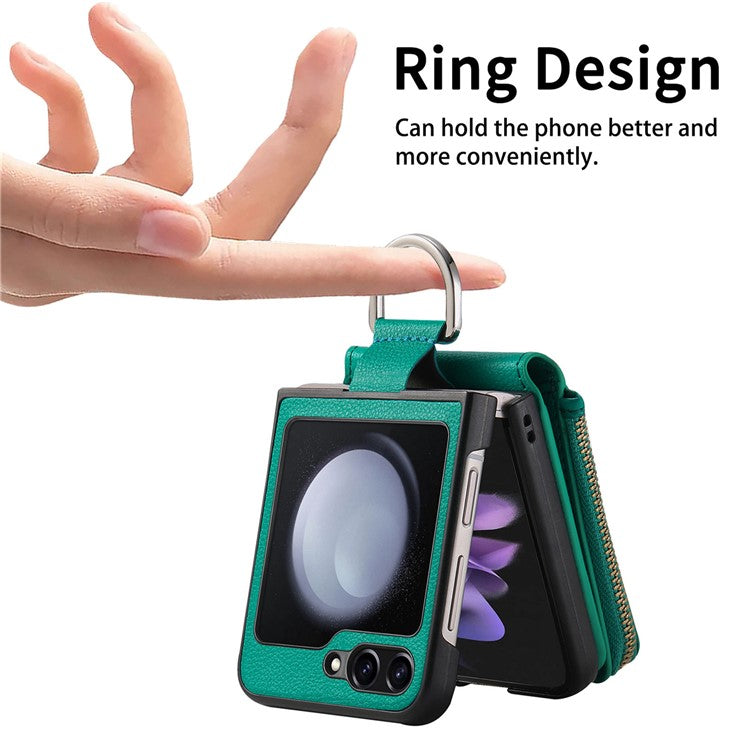 For Samsung Galaxy Z Flip6 5G Case Zipper Pocket Leather+PC Phone Cover with Ring Holder - Green