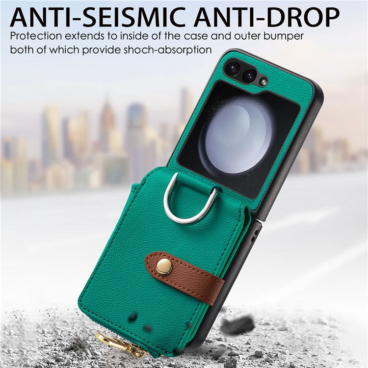 For Samsung Galaxy Z Flip6 5G Case Zipper Pocket Leather+PC Phone Cover with Ring Holder - Green