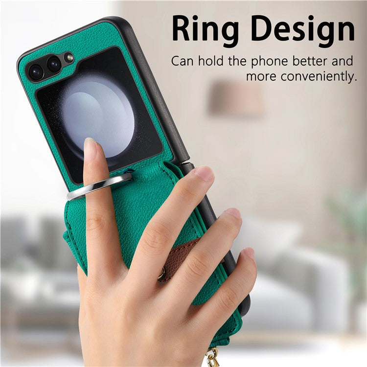 For Samsung Galaxy Z Flip6 5G Case Zipper Pocket Leather+PC Phone Cover with Ring Holder - Green