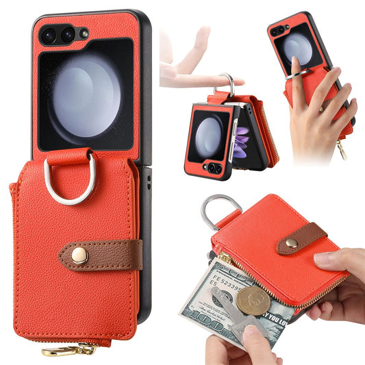 For Samsung Galaxy Z Flip7 FE 5G / Z Flip6 5G Case Zipper Pocket Leather+PC Phone Cover with Ring Holder - Orange