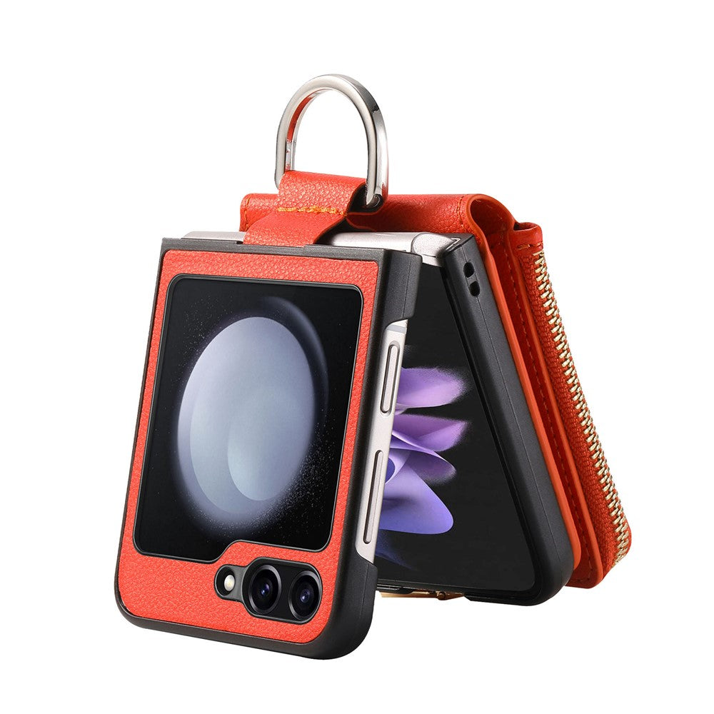 For Samsung Galaxy Z Flip7 FE 5G / Z Flip6 5G Case Zipper Pocket Leather+PC Phone Cover with Ring Holder - Orange