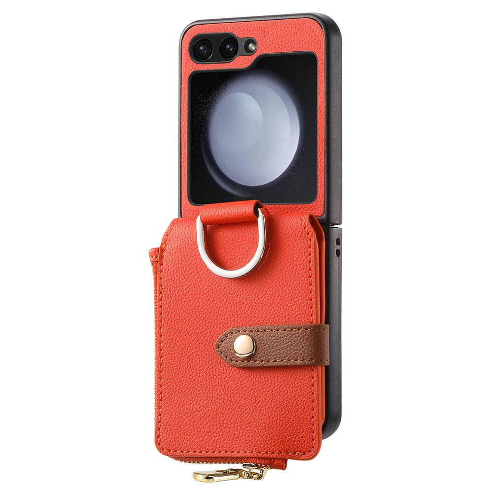For Samsung Galaxy Z Flip7 FE 5G / Z Flip6 5G Case Zipper Pocket Leather+PC Phone Cover with Ring Holder - Orange
