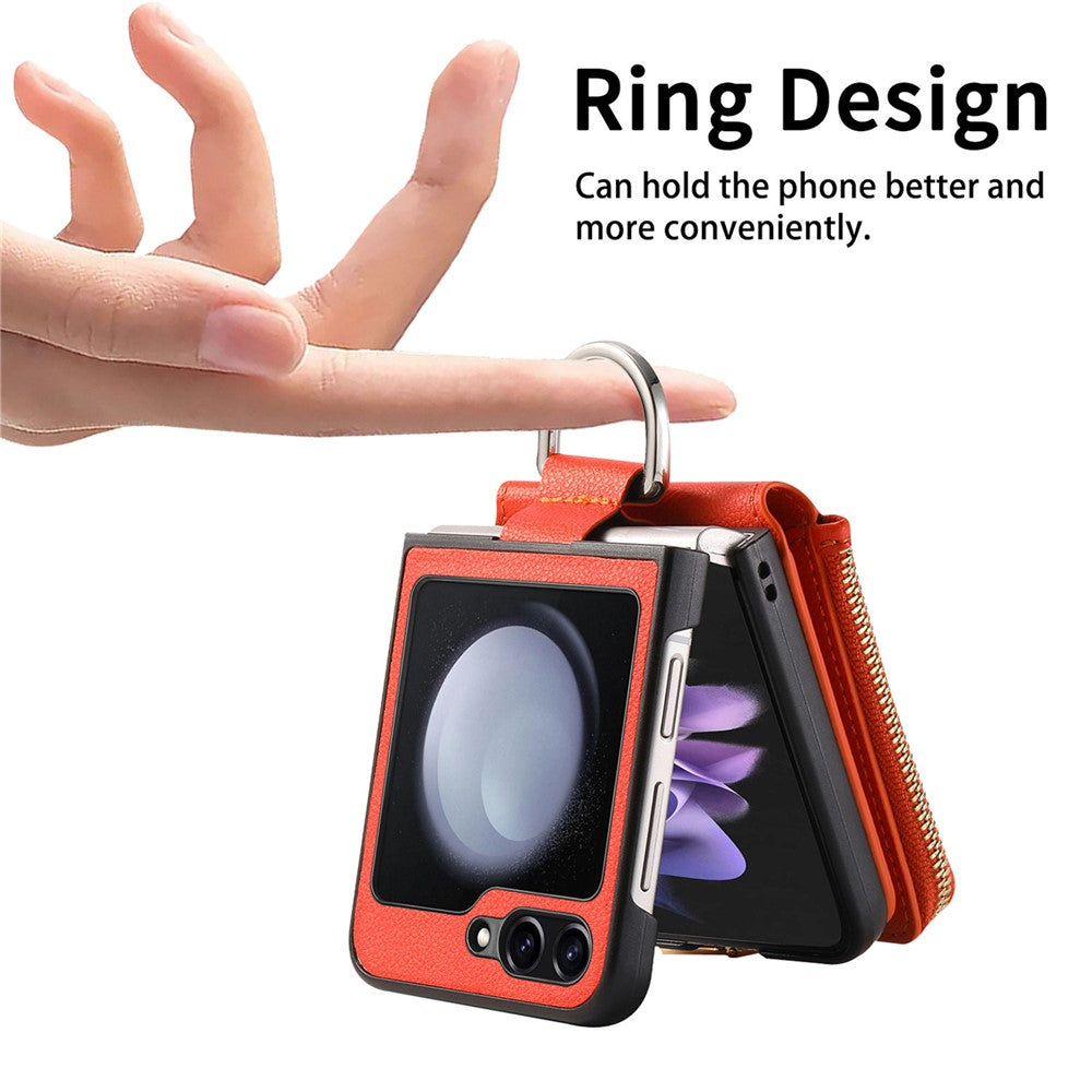 For Samsung Galaxy Z Flip7 FE 5G / Z Flip6 5G Case Zipper Pocket Leather+PC Phone Cover with Ring Holder - Orange