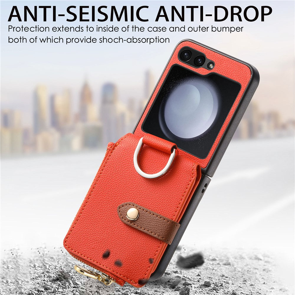 For Samsung Galaxy Z Flip7 FE 5G / Z Flip6 5G Case Zipper Pocket Leather+PC Phone Cover with Ring Holder - Orange