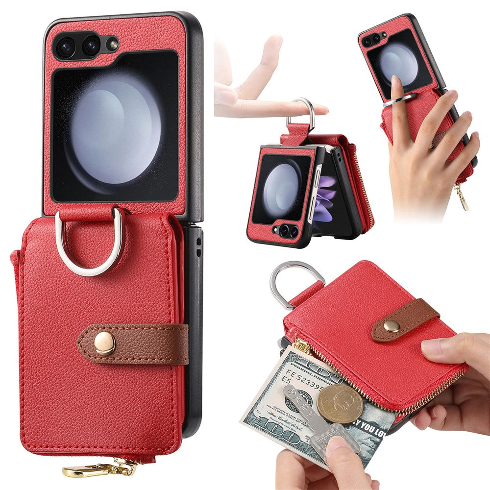 For Samsung Galaxy Z Flip7 FE 5G / Z Flip6 5G Case Zipper Pocket Leather+PC Phone Cover with Ring Holder - Red