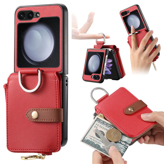 For Samsung Galaxy Z Flip7 FE 5G / Z Flip6 5G Case Zipper Pocket Leather+PC Phone Cover with Ring Holder - Red