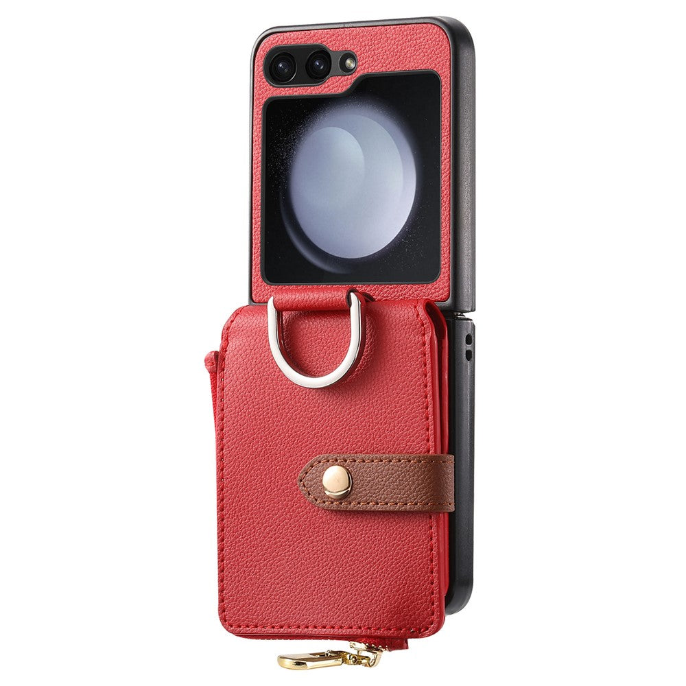 For Samsung Galaxy Z Flip7 FE 5G / Z Flip6 5G Case Zipper Pocket Leather+PC Phone Cover with Ring Holder - Red