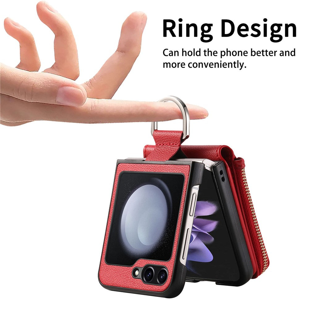 For Samsung Galaxy Z Flip7 FE 5G / Z Flip6 5G Case Zipper Pocket Leather+PC Phone Cover with Ring Holder - Red