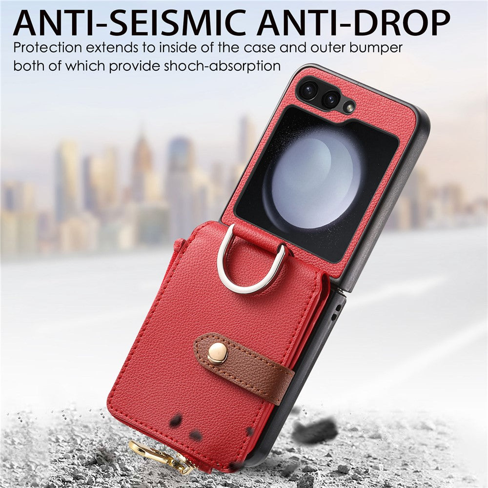 For Samsung Galaxy Z Flip7 FE 5G / Z Flip6 5G Case Zipper Pocket Leather+PC Phone Cover with Ring Holder - Red