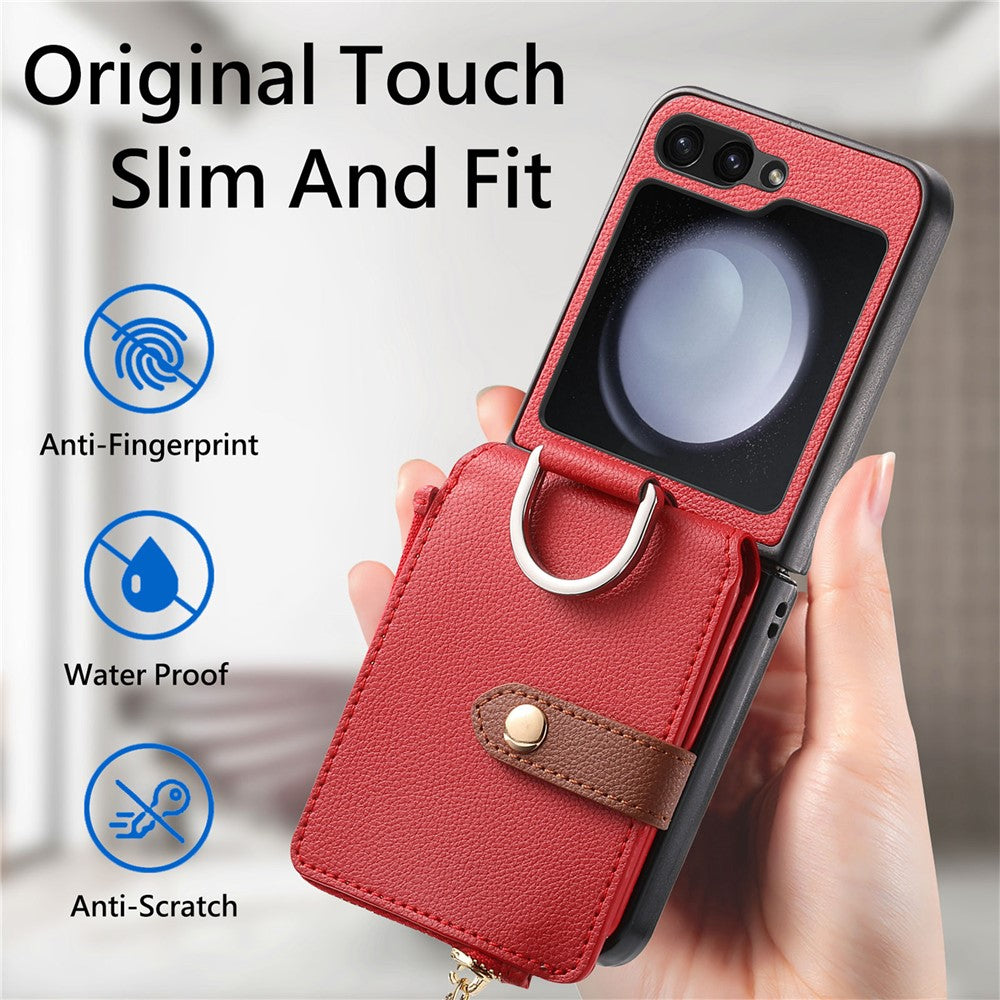 For Samsung Galaxy Z Flip7 FE 5G / Z Flip6 5G Case Zipper Pocket Leather+PC Phone Cover with Ring Holder - Red