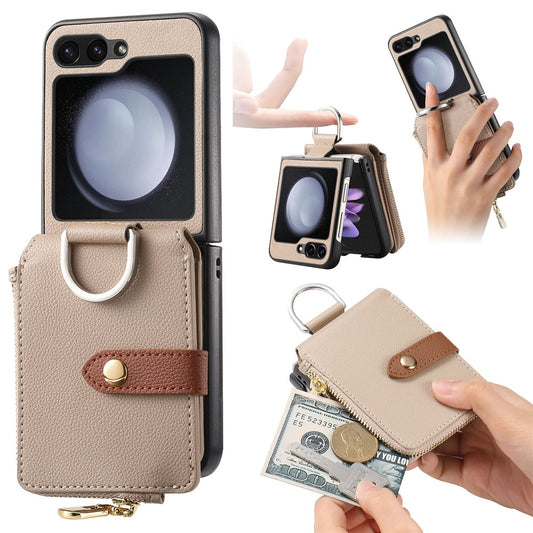 For Samsung Galaxy Z Flip7 FE 5G / Z Flip6 5G Case Zipper Pocket Leather+PC Phone Cover with Ring Holder - Khaki