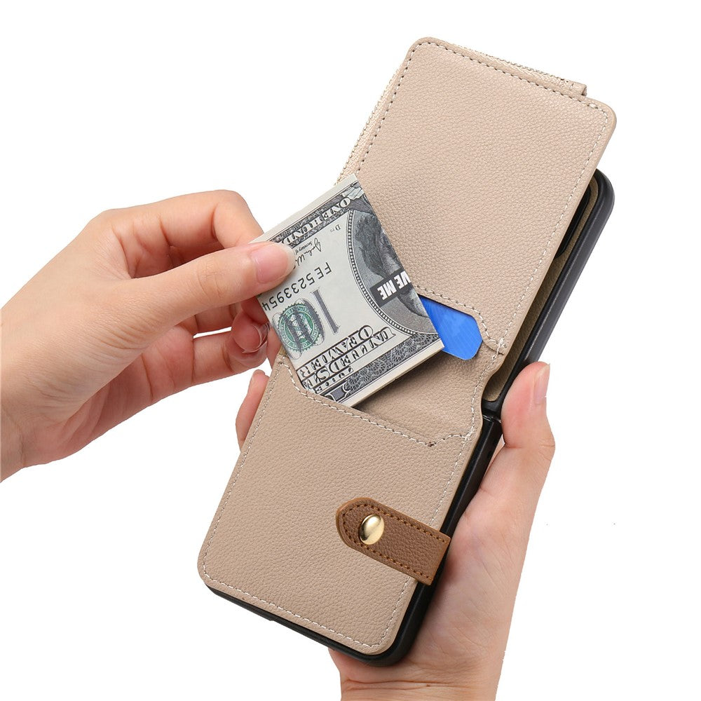 For Samsung Galaxy Z Flip7 FE 5G / Z Flip6 5G Case Zipper Pocket Leather+PC Phone Cover with Ring Holder - Khaki