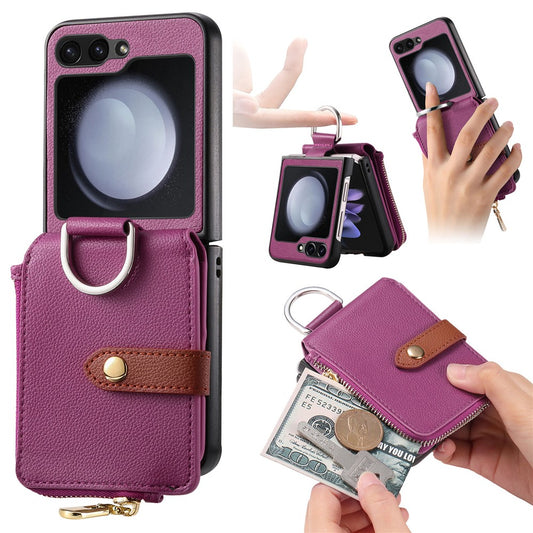 For Samsung Galaxy Z Flip7 FE 5G / Z Flip6 5G Case Zipper Pocket Leather+PC Phone Cover with Ring Holder - Purple