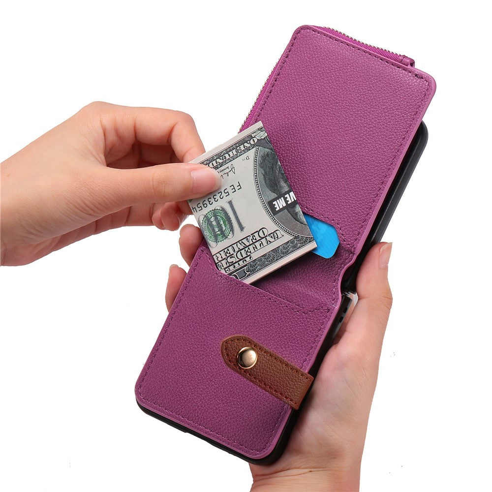For Samsung Galaxy Z Flip7 FE 5G / Z Flip6 5G Case Zipper Pocket Leather+PC Phone Cover with Ring Holder - Purple