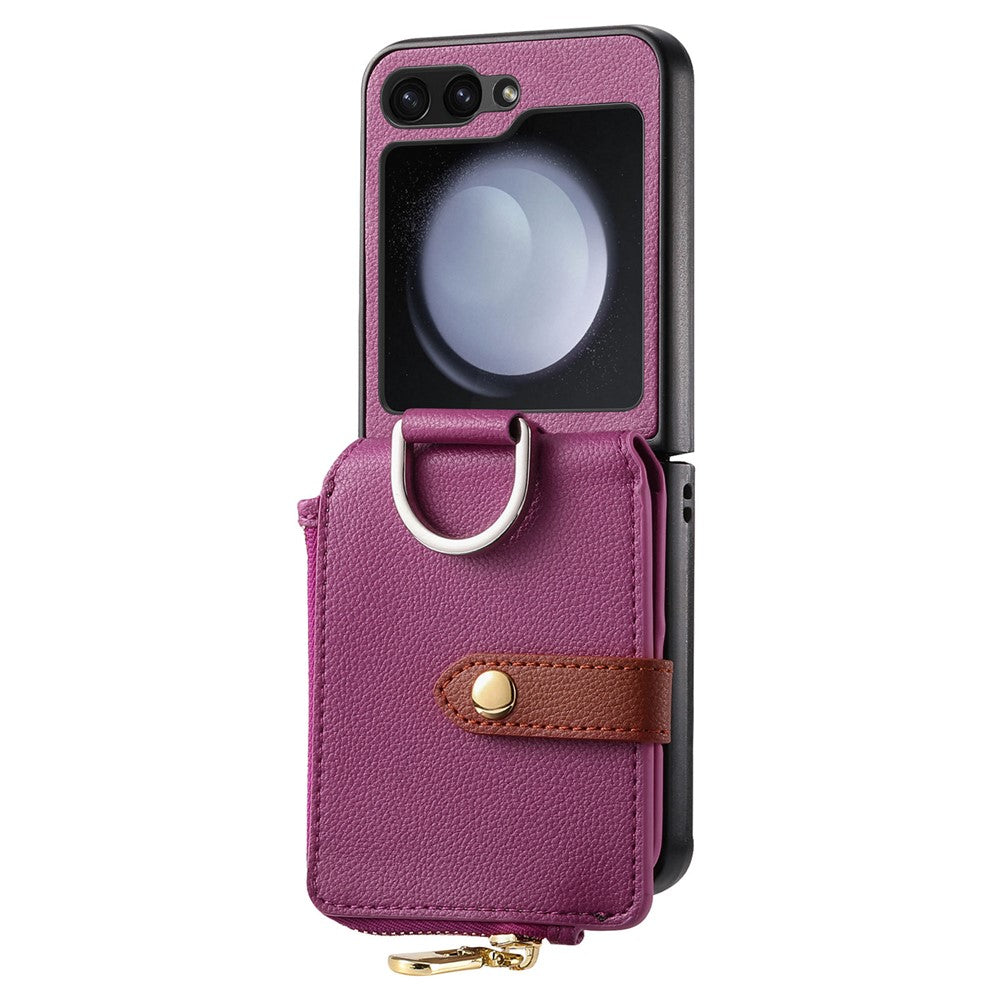 For Samsung Galaxy Z Flip7 FE 5G / Z Flip6 5G Case Zipper Pocket Leather+PC Phone Cover with Ring Holder - Purple