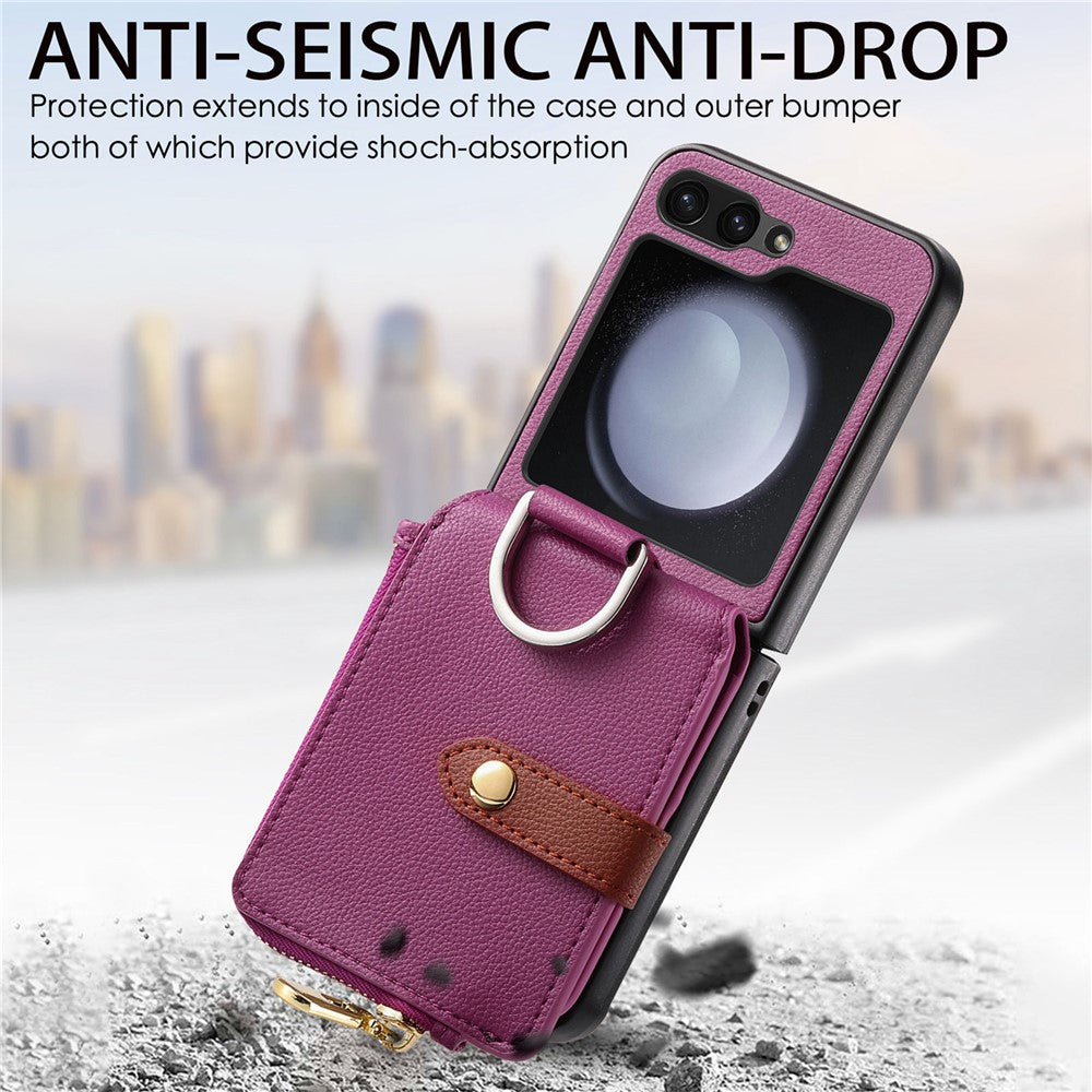 For Samsung Galaxy Z Flip7 FE 5G / Z Flip6 5G Case Zipper Pocket Leather+PC Phone Cover with Ring Holder - Purple