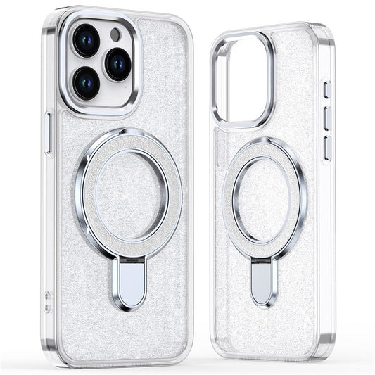 For iPhone 16 Pro Kickstand Case Glitter Design TPU+PC Hybrid Phone Cover - Transparent