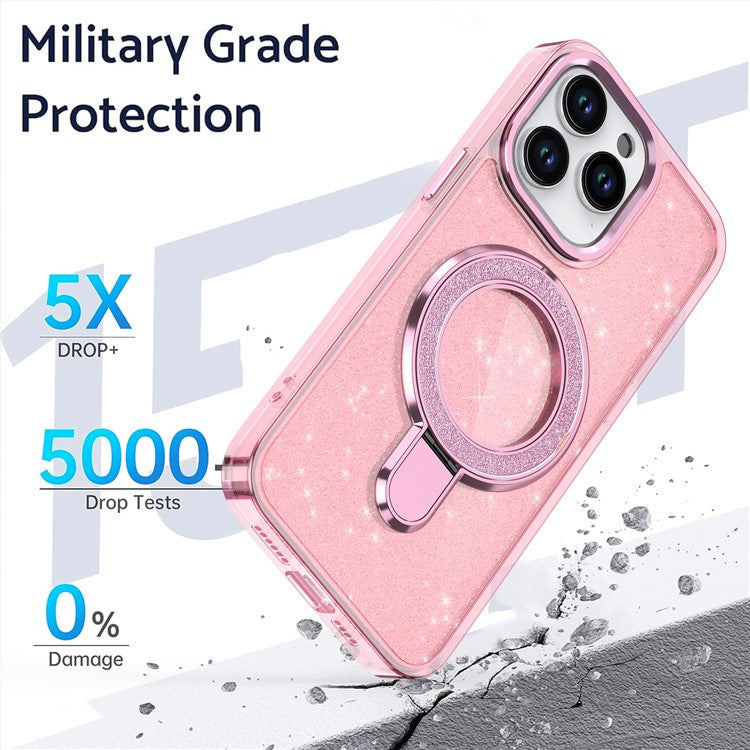 For iPhone 16 Pro Kickstand Case Glitter Design TPU+PC Hybrid Phone Cover - Transparent