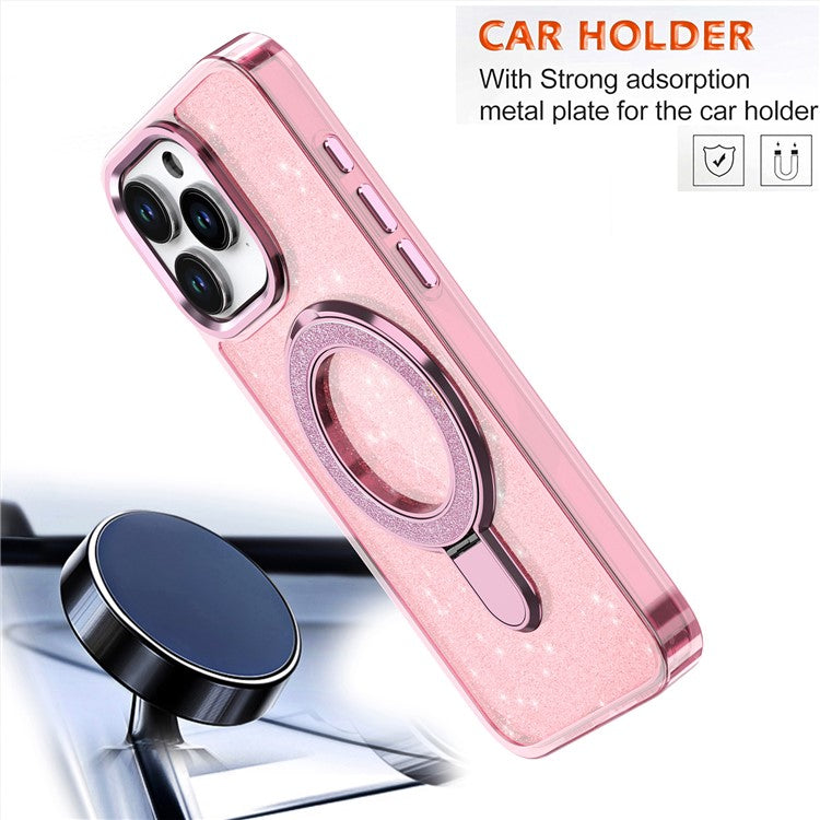 For iPhone 16 Pro Kickstand Case Glitter Design TPU+PC Hybrid Phone Cover - Transparent