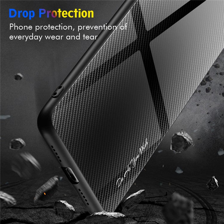 For iPhone 16 Pro Case Tempered Glass+TPU Phone Cover Carbon Fiber Texture - Black